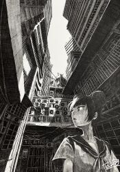 Rule 34 | 2girls, absurdres, air conditioner, apartment, arm up, city, double bun, from below, greyscale, hair bun, highres, ibsukionsen, landscape, monochrome, multiple girls, original, scenery, school uniform