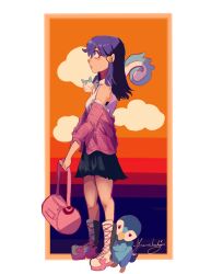 1girl bag black_skirt blue_hair dawn_(pokemon) duffel_bag from_side gen_4_pokemon hair_between_eyes highres looking_ahead nintendo off_shoulder on_shoulder pachirisu pink_shirt piplup pokemon pokemon_(creature) pokemon_dppt pokemon_on_shoulder sanae_kochiyas shirt skirt white_shirt