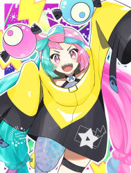 1girl :d arm_up blush character_hair_ornament cocoloco commentary_request green_hair grey_shirt hair_ornament iono_(pokemon) jacket leg_up long_hair long_sleeves low-tied_long_hair nintendo open_mouth pink_hair pokemon pokemon_sv red_eyes sharp_teeth shirt single_leg_pantyhose sleeveless sleeveless_shirt sleeves_past_fingers sleeves_past_wrists smile solo star_(symbol) star_in_eye symbol_in_eye teeth thigh_strap tongue upper_teeth_only yellow_jacket