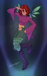 bad_tag boots fairy_wings floating green_skirt grin guardian_of_the_vale hand_on_own_hip legs_together long_sleeves midriff pink_top purple_boots red_hair salute short_hair simple_background skirt smile solovskyaa striped_leggings w.i.t.c.h. will_vandom wings