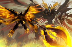 alphamon alphamon_ouryuuken armor back battle black_armor cape claws death-x-mon digimon digimon_(creature) digital_monster_x-evolution electricity fake_horns flying forehead_jewel from_behind gem giant giant_monster glowing glowing_weapon glowing_wings green_gemstone helmet holding holding_weapon horned_helmet horns lux_x_over multiple_wings no_eyes red_wings sharp_teeth tail teeth weapon wings