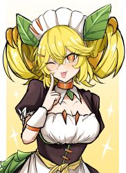 1girl apron black_dress blonde_hair blush breasts cleavage closed_mouth collarbone commentary dragon_girl dragon_tail dress duel_monster frilled_dress frills highres looking_at_viewer maid maid_apron maid_headdress medium_breasts one_eye_closed orange_eyes parlor_dragonmaid puffy_short_sleeves puffy_sleeves short_sleeves smile solo synchroman tail tehepero tongue tongue_out twintails waist_apron white_apron yu-gi-oh!