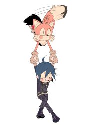 Rule 34 | absurdres, ahoge, animal nose, blue hair, blush stickers, danganronpa (series), danganronpa v3: killing harmony, flying, fox boy, gloves, hair between eyes, highres, holding hands, jacket, long sleeves, lovepoints, male focus, midair, multiple tails, saihara shuichi, scared, short hair, simple background, sonic (series), tail, tails (sonic), two tails, white background, white gloves, wide-eyed, yellow fur