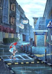 blue_hair blue_umbrella boots cloud cloudy_sky crosswalk crosswalk_sign highres holding holding_umbrella hololive hololive_indonesia kobo_kanaeru kobo_kanaeru_(1st_costume) landscape long_hair rain raincoat road road_sign sachisudesu sign sky stairs statue street traffic_cone umbrella urban virtual_youtuber walking water_drop window