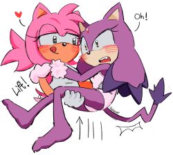 2girls amy_rose animal_ears blaze_the_cat blush carrying carrying_person cat_ears cat_girl cat_tail commentary dress english_commentary english_text fang fishsoof gloves green_eyes hair_down heart hedgehog_girl highres multiple_girls open_mouth pink_fur ponytail purple_fur signature sleepwear sonic_(series) tail tongue tongue_out white_dress white_gloves yellow_eyes yuri