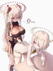 1boy 1girl age_difference androgynous azulasi black_dress black_thighhighs blonde_hair bodysuit bow breasts dress drooling gauze gauze_on_thigh gekiyaku gekiyaku_(vocaloid6) hair_between_eyes hair_over_one_eye halo highres kazehiki_(utau) kazehiki_(vocaloid6) large_breasts long_hair onee-shota purple_eyes red_bow red_eyes red_halo saliva short_hair simple_background skindentation smug table thigh_strap thighhighs touching_another&#039;s_back twintails utau vocaloid white_background white_bodysuit white_hair yellow_halo