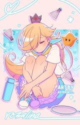 Rule 34 | 1girl, artist name, astersky, badminton racket, blonde hair, blue sailor collar, blue skirt, character name, closed eyes, crown, full body, hair over one eye, highres, hugging own legs, layered skirt, long hair, luma (mario), mario (series), mini crown, miniskirt, nintendo, outline, racket, rosalina, sailor collar, sailor collar lift, sailor shirt, shirt, short sleeves, shuttlecock, skirt, solo, very long hair, white shirt