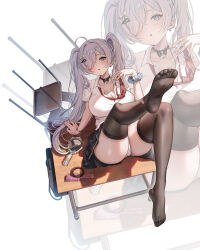1girl :o ahoge arm_support black_skirt black_thighhighs blue_eyes blue_nails blue_scrunchie blush bow breasts chair cinderella_(nikke) collared_shirt comb commentary desk diagonal-striped_clothes diagonal-striped_necktie dress_shirt feet foot_focus goddess_of_victory:_nikke grey_hair hair_bow hair_ornament hair_over_one_eye hairclip hand_mirror hand_up highres large_breasts leg_up legs long_hair looking_at_viewer loose_necktie mirror mrr_05 nail_polish necktie no_shoes one_eye_covered panties pantyshot parted_lips pleated_skirt presenting_foot red_necktie school_chair school_desk school_uniform scrunchie shade shirt short_sleeves sitting skirt soles striped_clothes thighhighs thighs toes twintails underwear very_long_fingernails very_long_hair white_background white_bow white_panties white_shirt wrist_scrunchie zoom_layer