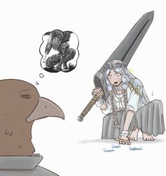 1boy 1girl armor barefoot black_cape blue_eyes braid cape doll_joints dragonslayer_(sword) elden_ring elden_ring_nightreign from_side grey_skirt guardian_(elden_ring) guts_(berserk) head_wreath helmet highres jewelry johnholl0w joints looking_down low_twin_braids meme_inset mirror open_mouth reference_inset skirt speech_bubble squatting thought_bubble twin_braids white_background white_hair