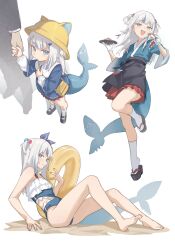 absurdres ass barefoot bikini blue_nails blue_one-piece_swimsuit child cube_hair_ornament feet fins fish_tail food formal_clothes frilled_bikini frills gawr_gura gloves hair_ornament hairclip hat highres holding holding_food hololive hololive_english innertube japanese_clothes kindergarten_uniform legs looking_at_viewer mary_janes midori_fufu multicolored_hair multiple_views nail_polish okobo one-piece_swimsuit open_mouth platform_sandals sand sandals shark_girl shark_hair_ornament shark_tail shoes simple_background sitting smile socks soles streaked_hair suit sushi swim_ring swimsuit tabi tail thighs toes virtual_youtuber white_background white_gloves white_socks wide_sleeves yellow_bag yellow_hat