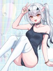 Rule 34 | 1girl, ass, blush, breasts, fate/grand order, fate (series), hand up, highres, kawairuka ko, long hair, looking at viewer, melusine (fate), one-piece swimsuit, open mouth, ponytail, sitting, smile, solo, swimsuit, thighhighs, v, white hair, white thighhighs, yellow eyes
