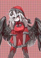 1girl artist_request bird_wings black_eyes dress gloves hand_on_own_knee hat heterochromia highres indie_virtual_youtuber leaning_forward long_hair looking_at_viewer nemo_nevermore pants pantyhose plaid_background red_dress red_eyes santa_hat smile torn_clothes torn_pants virtual_youtuber white_hair wings