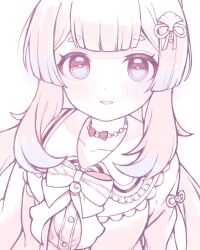 1girl absurdres blunt_bangs bow bowtie breasts cardigan collar collarbone dokodemonai dot_nose eyelashes frilled_collar frills from_above genshin_impact gradient_hair hair_ornament hair_over_shoulder highres jewelry light_blush long_hair long_sleeves looking_at_viewer looking_up multicolored_hair necklace open_cardigan open_clothes open_mouth pearl_necklace pink_hair round_collar sangonomiya_kokomi sangonomiya_kokomi_(sushiro) shirt sidelocks simple_background small_breasts solo two-tone_hair unfinished upper_body white_background