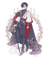 1boy black_cape black_eyes black_flower black_pants black_rose black_shoes can cane cape commentary commission floral_background flower flower_wreath frilled_cape full_body gold_embroidery gradient_clothes holding holding_can lemon89h looking_at_viewer original pants parted_bangs rococo_movement rose shoes sleeves_past_wrists solo standing standing_on_one_leg
