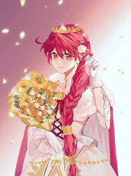 Rule 34 | 1girl, artist request, beads, bouquet, braid, cape, closed mouth, collar, commission, confetti, cowboy shot, cross-laced clothes, cross-laced dress, detached collar, dot nose, dress, eyelashes, fine (futagohime), fine (prominence eternal miracle change) (futagohime), floral print, flower, frilled dress, frilled sleeves, frills, fur-trimmed cape, fur trim, fushigiboshi no futago hime, gloves, gold tiara, gown, gradient background, hair beads, hair between eyes, hair flower, hair ornament, hair over shoulder, hair tubes, hand in own hair, happy, highres, holding, holding bouquet, lips, long dress, long hair, long sleeves, looking at viewer, magical girl, orange flower, orange rose, pink background, pink cape, pink hair, pink lips, princess, red eyes, rose, second-party source, single braid, smile, solo, sparkle, standing, sun print, sunflower, tiara, two-tone background, very long hair, watermark, white background, white collar, white dress, white flower, white gloves, white rose, yellow flower