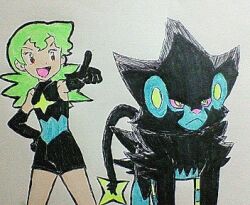 Rule 34 | 1girl, aged down, bike shorts, gen 4 pokemon, green hair, jenny (pokemon), long glove, lowres, luxray, marble (pokemon), nintendo, official alternate costume, orange eyes, pointing, pointing at viewer, pokemon, pokemon (anime), pokemon dp059, pokemon dppt (anime), smile, spandex