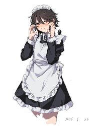1girl alternate_costume apron black_hair blush dated dress enmaided hands_up highres long_sleeves looking_at_viewer maid maid_apron momijiyama_teru red_eyes short_dress short_hair shy_(series) simple_background solo takatisakana white_background
