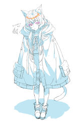 Rule 34 | 1girl, animal ear fluff, animal ears, arknights, cat ears, cat girl, cat tail, coat, commentary request, copyright name, dress, highres, hood, hooded coat, leaning forward, long hair, looking at viewer, monochrome, nagu, official art, parted lips, rosmontis (arknights), sidelocks, simple background, solo, tail, white background