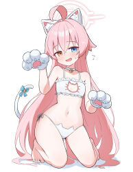1girl absurdres ahoge animal_ear_fluff animal_ears bare_arms bare_legs bare_shoulders barefoot bell blue_archive blue_bow blue_eyes blush bow bra breasts cat_cutout cat_ear_panties cat_ears cat_lingerie cat_tail choker cleavage_cutout clothing_cutout collarbone crossed_bangs embarrassed fake_animal_ears fang flying_sweatdrops frilled_bra frills full_body gloves hair_between_eyes hair_flaps halo hands_up heterochromia highres hoshino_(blue_archive) inedibleparts jingle_bell kneeling loli long_hair looking_at_viewer meme_attire navel neck_bell open_mouth orange_eyes panties paw_gloves paw_pose pink_hair pink_halo side-tie_panties simple_background small_breasts smile solo string_panties sweatdrop tail tail_bell tail_bow tail_ornament tail_raised toes underwear underwear_only very_long_hair white_background white_bra white_choker white_gloves white_panties white_tail wide_hips