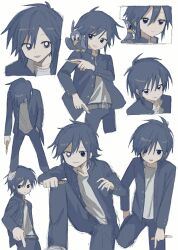 Rule 34 | 1boy, absurdres, animal, animal on shoulder, bird, bird on shoulder, black eyes, blue hair, boxcutter, commentary request, gakuran, highres, holding, holding boxcutter, jacket, komiroku, looking at viewer, male focus, multiple views, open clothes, open jacket, randal&#039;s friends, school uniform, short hair, simple background, tsukada satoru, white background