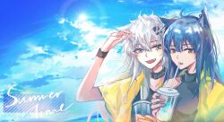2girls :d animal_ear_piercing animal_ears arknights arm_up black_collar blue_hair blue_sky cloud collar commentary cup day disposable_cup drink drinking_straw english_commentary green_eyes hair_between_eyes highres holding holding_drink lalvice lappland_(arknights) long_hair looking_at_viewer multiple_girls open_mouth orange_eyes sky smile sun texas_(arknights) upper_body white_hair wolf_ears wolf_girl wristband
