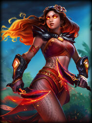 Rule 34 | 1girl, artist request, breasts, dagger, earrings, flower, hair flower, hair ornament, holding, holding dagger, holding knife, holding weapon, jewelry, knife, long hair, official art, orange hair, pele (smite), second-party source, smite, solo, tattoo, weapon