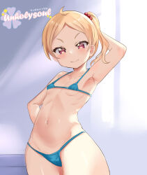 1girl arm_behind_head arm_up armpits artist_name bikini blonde_hair blue_bikini blurry blurry_background blush closed_mouth collarbone cowboy_shot dot_nose eyebrows eyelashes female_focus flat_chest hand_on_own_hip indoors loli looking_at_viewer micro_bikini navel original pink_eyes ponytail ribs short_hair short_ponytail side_ponytail smug solo standing swimsuit thighs unholysoul variant_set watermark
