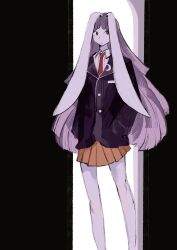 1girl animal_ears closed_mouth crescent facing_viewer feet_out_of_frame hands_in_pockets highres jacket llamas_yes looking_to_the_side necktie orange_skirt pink_hair pleated_skirt rabbit_ears red_eyes red_necktie reisen_udongein_inaba shirt simple_background skirt solo standing touhou white_shirt
