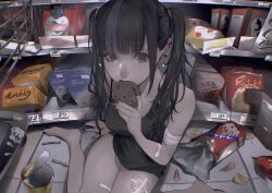 1girl absurdly_detailed_composition aisle bandaged_arm bandages bandaid bandaid_on_arm bandaid_on_thigh barbell_piercing bare_shoulders barefoot black_camisole black_eyes black_hair black_nails breasts camisole chips_(food) collarbone commentary cookie earclip earrings eating eyelashes fingernails food food_packaging gauze gauze_on_thigh grey_streaks grocery_store heart heart_earrings highres holding holding_cookie holding_food indoors jewelry loaded_interior long_fingernails long_hair looking_at_viewer mano_aaa medium_breasts mole mole_under_each_eye mole_under_eye multicolored_hair multiple_moles nail_polish original piercing potato_chips shelf shopping_cart sitting solo streaked_hair toenail_polish toenails twintails wariza