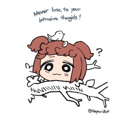 Rule 34 | 1girl, :3, ?, animal, animal on head, artist name, bird, bird on head, borrowed character, branch, brown hair, disembodied head, double bun, dullahan, english text, enne (porforever), hair bun, hepari, on head, original, short hair, simple background, smile, solo, spot color, stuck, twitter username, white background
