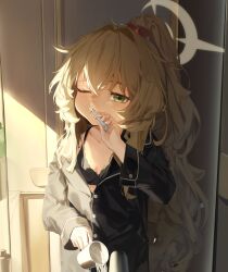 1girl absurdres black_bra black_pajamas blonde_hair blue_archive bra breasts brushing_teeth collarbone commentary cup green_eyes halo highres holding holding_cup indoors issun_boushi_(taku37taku) long_hair looking_at_viewer one_eye_closed pajamas ponytail professor_niyaniya_(blue_archive) small_breasts solo underwear very_long_hair yellow_halo