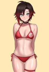 Rule 34 | 1girl, arms behind back, bikini, black choker, black hair, bojack198, breasts, choker, closed mouth, cowboy shot, gradient hair, grey eyes, highres, medium breasts, multicolored hair, navel, red hair, ruby rose, rwby, short hair, side-tie bikini bottom, simple background, smile, solo, stomach, swimsuit, thigh gap, thigh strap, two-tone hair, yellow background