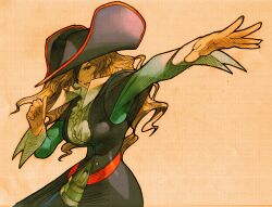 1girl bengus blonde_hair boots breasts brown_boots brown_eyes capcom collared_shirt expressionless eyepatch feet_out_of_frame game_cg hand_up hat highres leg_up long_hair long_sleeves marvel marvel_vs._capcom marvel_vs._capcom_2 non-web_source official_art outstretched_arm pirate pirate_hat portrait ruby_heart scan shirt sleeve_cuffs solo standing