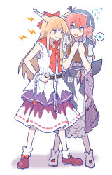 2girls apron aqua_eyes bare_shoulders belt black_belt blonde_hair blue_apron blue_hat blue_shirt blush boots bow bowtie brown_eyes chain cloud_print collared_shirt commentary_request crossed_bangs cup flying_sweatdrops full_body hair_bow hands_up hat highres holding holding_cup holding_tray horn_ornament horn_ribbon horns ibuki_suika lightning_bolt_symbol long_hair looking_at_another low-tied_long_hair multiple_girls ofuda ofuda_on_clothes okunoda_miyoi oni open_mouth pink_hair puffy_short_sleeves puffy_sleeves purple_ribbon purple_shoes purple_skirt red_bow red_bowtie ribbon rog_33 shadow shirt shoes short_hair short_sleeves sidelocks simple_background skirt sleeveless sleeveless_shirt smile socks spoken_sweatdrop standing sweatdrop teeth tokkuri touhou tray triangle whale_hat white_background white_boots white_shirt white_socks wristband