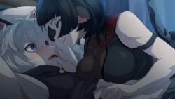 1boy 1girl animal_ears black_hair blush breasts cat_boy cat_ears crossed_bangs hetero jane_doe_(zenless_zone_zero) large_breasts lying mouse_ears mouse_girl mouse_tail multicolored_hair nail_polish on_back open_mouth parted_lips pochi-a red_hair red_nails seth_lowell sleeveless sweat tail turtleneck zenless_zone_zero