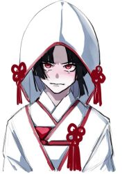 1boy alternate_costume black_hair blush closed_mouth clothing_request crying crying_with_eyes_open looking_at_viewer male_focus maruko_gaku red_eyes simple_background solo solo_focus tears the_hundred_line_-last_defense_academy- upper_body white_background