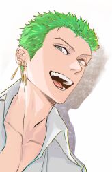 1boy chinese_commentary collarbone collared_shirt commentary_request drop_shadow dutch_angle earrings erlang715 green_hair grey_eyes highres jewelry looking_to_the_side male_focus multiple_earrings one_piece open_clothes open_mouth open_shirt piercing roronoa_zoro shirt short_hair sideburns sideways_glance smile solo teeth very_short_hair white_background white_shirt