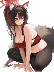 1girl absurdres alternate_costume alternate_hairstyle animal_ear_fluff animal_ears arm_support artist_name bare_arms black_pants blue_archive blush bra breasts cleavage closed_mouth colored_inner_hair daehoak eyeshadow fox_ears fox_girl fox_tail halo highres large_breasts long_hair looking_at_viewer makeup multicolored_hair navel pants plump red_eyeshadow red_halo simple_background sitting skindentation smile solo sports_bra tail underwear wakamo_(blue_archive) white_background yellow_eyes yoga_pants