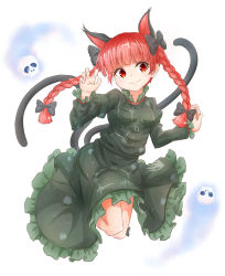 1girl animal_ears black_bow blue_fire blunt_bangs bow braid breasts cat_ears claw_pose clip_studio_paint_(medium) closed_mouth dress extra_ears fire floating_skull frills full_body green_dress hair_bow hair_ribbon hands_up highres hitodama juliet_sleeves kaenbyou_rin light_blush long_hair long_sleeves looking_at_viewer petticoat puffy_sleeves red_eyes red_hair ribbon simple_background small_breasts smile solo tarumaru touhou tress_ribbon twin_braids twintails white_background
