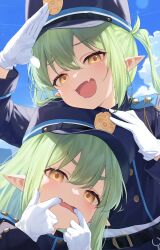 2girls absurdres blue_archive blue_hat cloud cloudy_sky commentary fang gloves green_hair hat highres hikari_(blue_archive) kuchisode long_hair looking_at_viewer multiple_girls nozomi_(blue_archive) open_mouth skin_fang sky smile twintails upper_body white_gloves yellow_eyes
