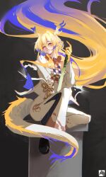 1girl absurdres arknights black_background blonde_hair blue_hair colored_extremities colored_skin commentary dot_nose dragon_girl dragon_horns dragon_tail eastern_dragon_tail english_commentary eyeliner floating_hair full_body green_eyes hair_intakes highres horns inset lips long_hair long_sleeves makeup orange_eyeliner orange_pupils pants pillar pointing pointing_up pointy_ears rumby shirt shoes shu_(arknights) sitting solo strapless strapless_shirt tail tube_top very_long_hair white_pants white_shirt white_tube_top yellow_skin