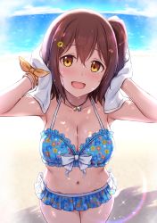 1girl armpits arms_up beach bikini blue_bikini blue_sky blush bracelet breasts brown_hair cai_geng collarbone day highres idolmaster idolmaster_million_live! jewelry kasuga_mirai looking_at_viewer medium_breasts microskirt navel one_side_up open_mouth shore short_hair skirt sky smile sparkle swimsuit towel wet yellow_eyes
