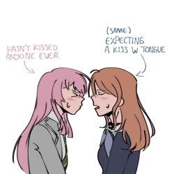 &gt;_&lt; 2girls bang_dream! bang_dream!_it&#039;s_mygo!!!!! blush brown_hair chihaya_anon closed_mouth collared_shirt commentary dori_26 english_text from_side green_necktie grey_jacket grey_neckerchief haneoka_school_uniform hasn&#039;t_kissed_anyone_ever_vs_expecting_a_kiss_with_tongue_(meme) highres jacket long_hair meme multiple_girls nagasaki_soyo neckerchief necktie open_mouth pink_hair profile school_uniform shirt simple_background sweatdrop symbol-only_commentary tsukinomori_school_uniform upper_body white_background white_shirt yuri