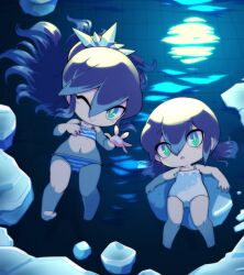 2girls barefoot bikini blue_hair blush_stickers fubukihime green_eyes high_ponytail ice long_hair looking_at_viewer multicolored_hair multiple_girls navel nollety one-piece_swimsuit one_eye_closed open_mouth ponytail short_twintails smile striped_bikini striped_clothes swimsuit traditional_youkai twintails two-tone_hair water youkai_(youkai_watch) youkai_watch yuki_onna yukionna_(youkai_watch)