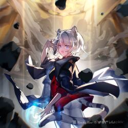 1girl allerdale_(arknights) animal_ears aqua_eyes arknights ass belt black_shirt boots breasts chinese_commentary cleavage closed_mouth coat coat_on_shoulders commentary_request cowboy_shot grey_hair hand_on_own_hip high_heel_boots high_heels highres jacket jacket_on_shoulders medium_breasts open_clothes pants rockyroo shirt solo standing tail tiger_ears tiger_tail watermark white_pants