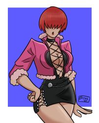 1girl breasts curvy dress extra_artsies extraartsies female_focus fishnets fluffy huge_breasts jacket large_breasts long_hair no_bra open_mouth pale_skin red_hair shermie_(kof) skirt standing the_king_of_fighters thick_thighs thighs wide_hips