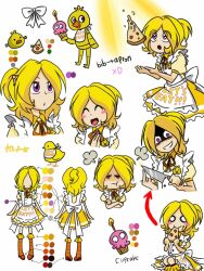 1girl apron baby_animal back_bow bad_id bad_tumblr_id bird blonde_hair boots bow chica chick commentary cupcake_(fnaf) dress english_commentary five_nights_at_freddy&#039;s five_nights_at_freddy&#039;s_1 food food-themed_hair_ornament hair_ornament half_updo hands_up medium_hair multiple_views open_mouth orange_boots personification pizza pizza_hair_ornament pole-bear puffy_short_sleeves puffy_sleeves shaded_face short_sleeves smile white_apron white_bow yellow_dress