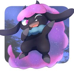 ;d border canvas_texture creature creature_focus daedream doneru fang hands_up happy highres no_humans one_eye_closed open_mouth outline outside_border pal_(creature) palworld purple_eyes rounded_corners smile solo tongue white_border white_outline