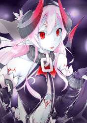 Rule 34 | absurdres, asgr yuma, asmodeus (eco), bare shoulders, beret, black shirt, black sleeves, black wings, blue skin, body markings, breasts, colored skin, demon girl, demon horns, demon wings, detached sleeves, emil chronicle online, hat, highres, horns, long hair, medium breasts, navel, open mouth, pink hair, pointy ears, red eyes, shirt, upper body, wings