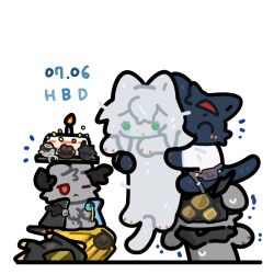 animal_focus animalization arknights blaze_(arknights) character_request commentary dated happy_birthday logos_(arknights) ppyeon rosmontis_(arknights) simple_background symbol-only_commentary tagme white_background